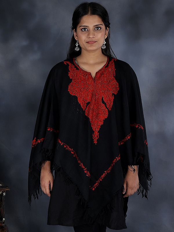Poncho from Kashmir with Aari Hand-Embroidered Paisley And Flower Pattern on Neck