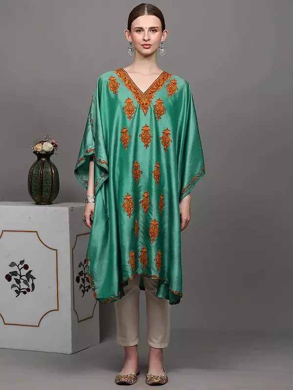 Agate-Green Short Kaftan from Kashmir with Aari Hand-Embroidered Paisleys