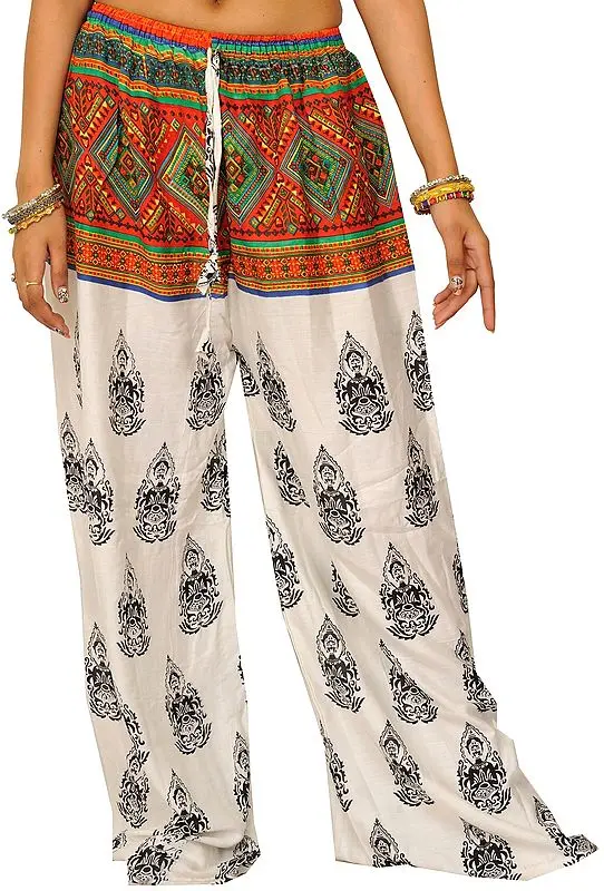 White Bohemian Yoga Trousers with Gautam Buddha Print