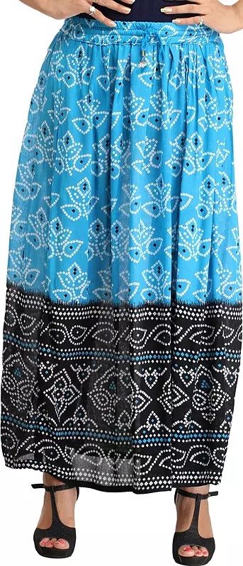 Double-Shaded Elastic Long Skirt with Bandhani Print