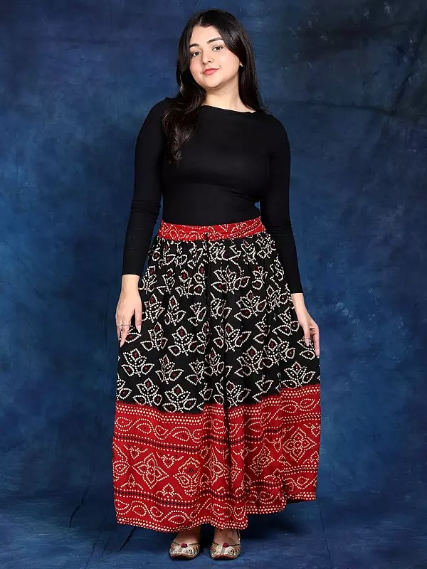 Double-Shaded Elastic Long Skirt with Bandhani Print
