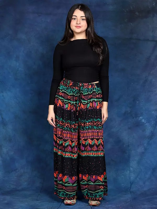 Black Wide Casual Trousers with Printed Leopard-Spots