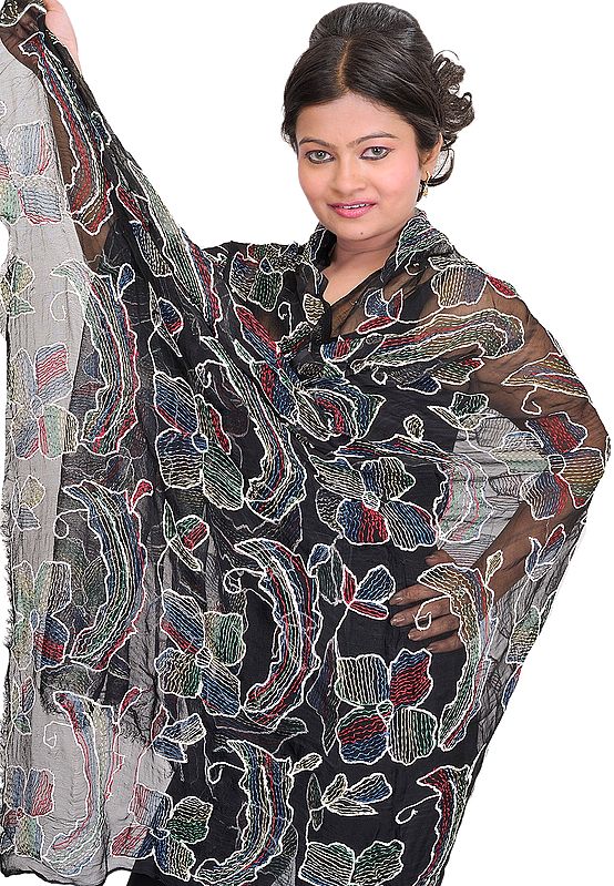Phantom-Black Dupatta from Pakistan with Embroidered Flowers in Multicolor Thread