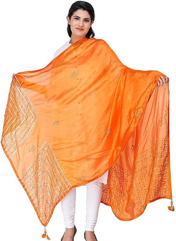 Silk Dupatta From Amritsar with Gota Patti, Floral Beads and Velvet Tassels on Edges