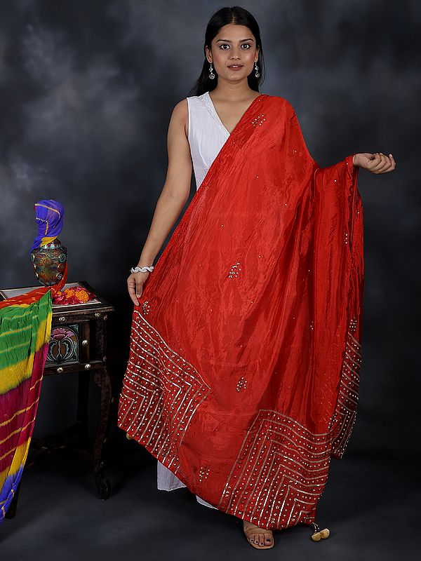 Silk Dupatta From Amritsar with Gota Patti, Floral Beads and Velvet Tassels on Edges