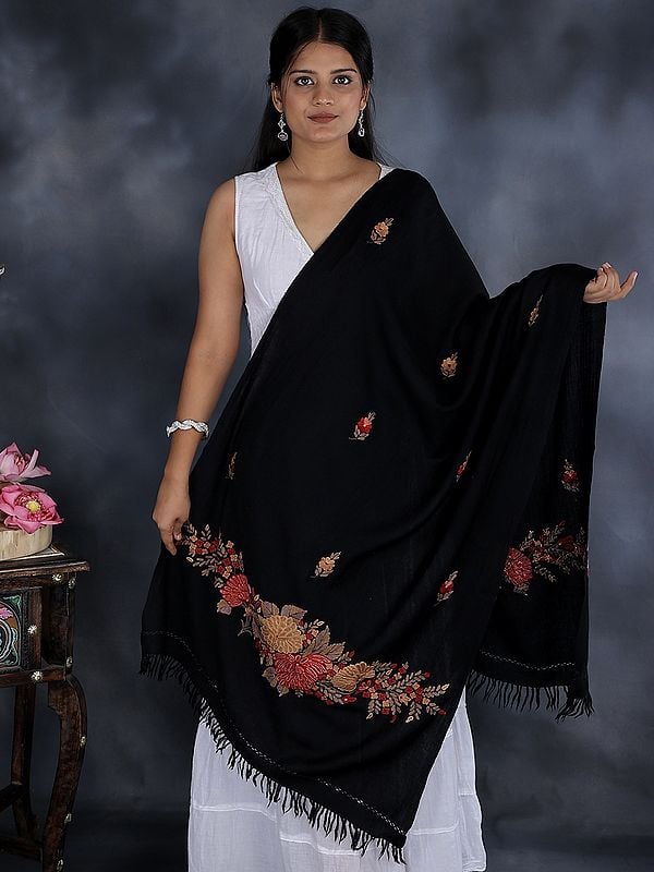 Black Woolen Stole from Kashmir with Aari-Embroidered Floral Vines By Hand