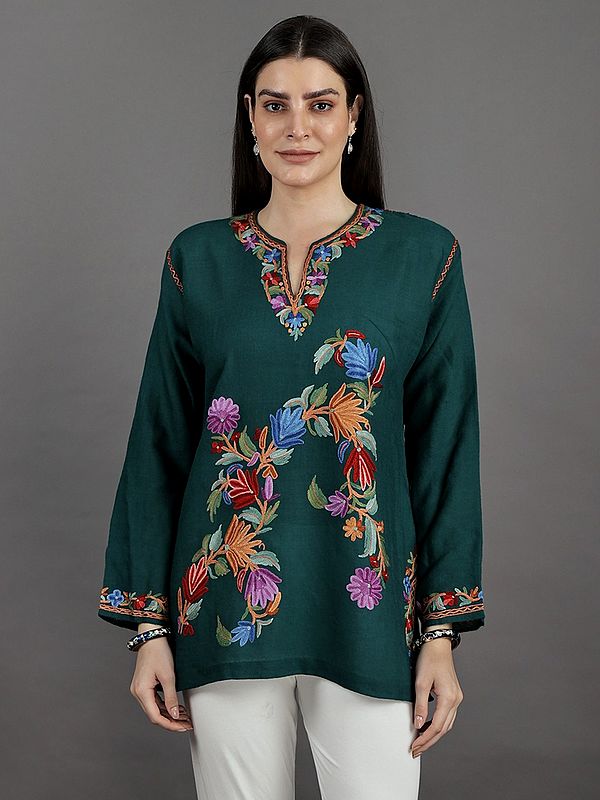 Dark-Sea Woolen Short Kurti from Kashmir with Aari Embroidery