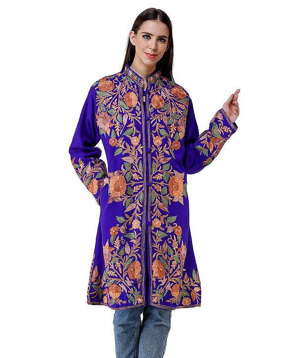 Royal-Blue Long Jacket from Kashmir with Aari-Embroidered Flowers All-Over