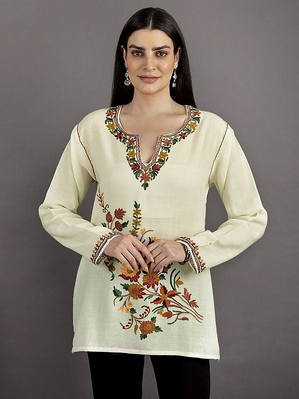 Winter White Short Kurti From Kashmir With Floral Aari Embroidery In Multicolored Thread