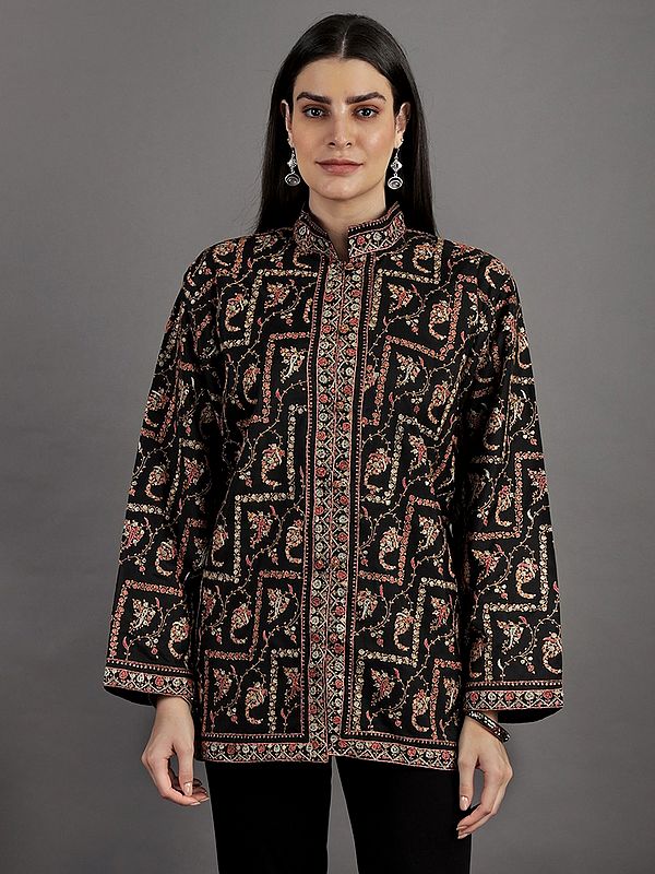 Black-Beauty Kashmiri Jacket with Sozni Hand-Embroidered Paisleys And Flowers All-Over