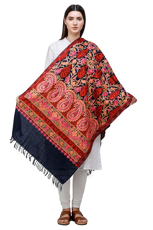 Pageant-Blue Wool Stole from Amritsar with Aari-Embroidered Flowers in Multi-Color Thread