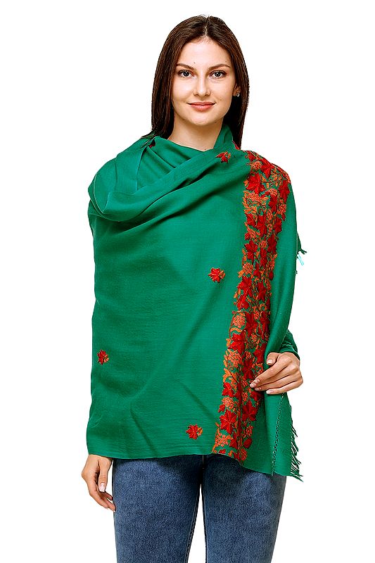 Leprechaun Stole from Kashmir with Floral Aari-Embroidery by Hand