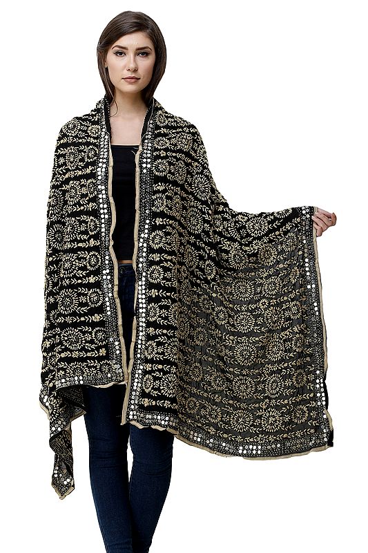 Caviar-Black Phulkari Dupatta from Amritsar with Embroidered Flowers All-Over and Mirror Work On Border
