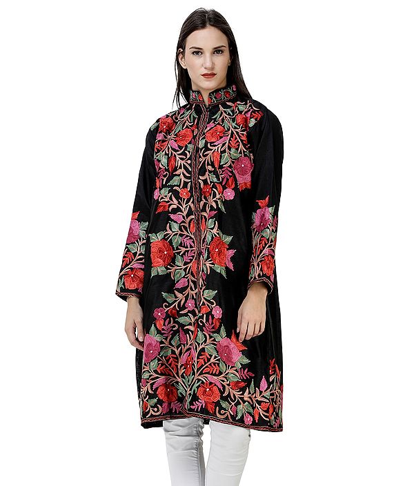 Caviar-Black Long Silk Jacket From Kashmir With Aari-Embroidered Giant Flower and Leaf