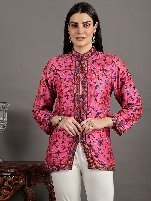 Pure Silk Kashmiri Jacket with Aari Hand-Embroidered Paisleys And Flowers All-Over
