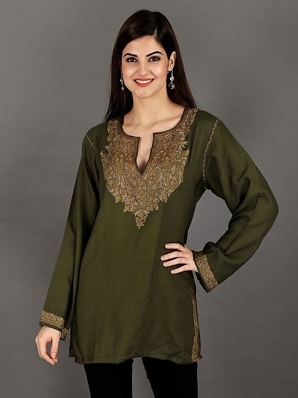 Garden-Green Wool Short Kurti From Kashmir With Aari Embroidered Neck
