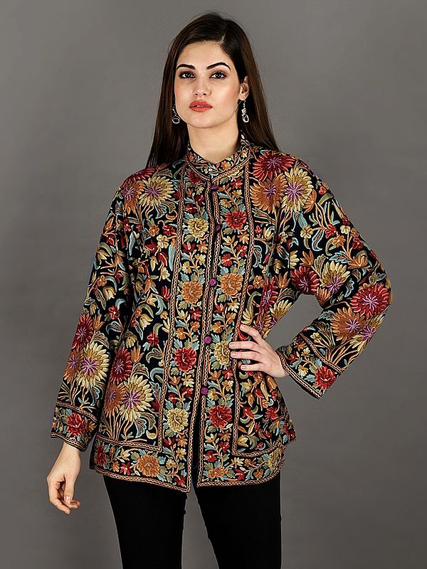 Black-Beauty Pure-Wool Short Jacket From Kashmir With Giant Aari-Embroidered Flowers