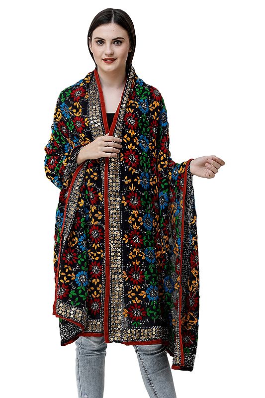 Phulkari Dupatta from Punjab with Multicolored Crewel Embroidery and Sequins