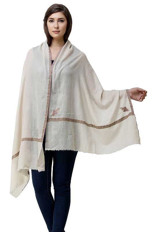 Snow-White Cashmere Stole from Kashmir with Sozni Hand-Embroidery on Border
