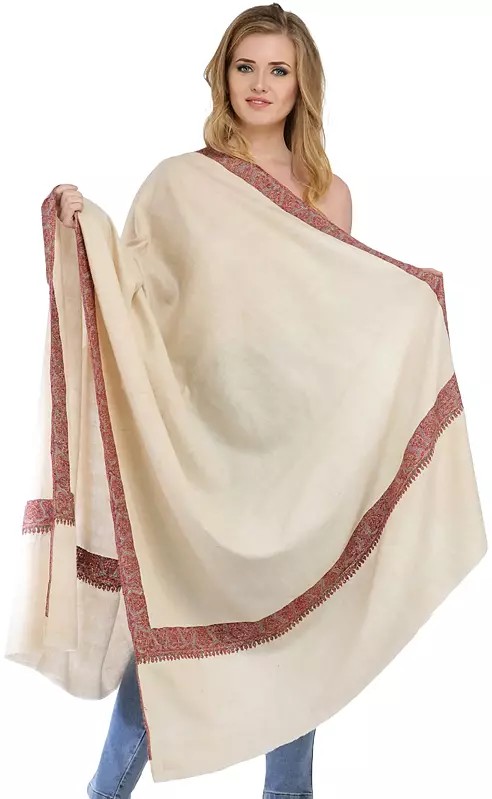 Summer-Sand Pure-Pashmina Shawls From Srinagar with Sozni Embroidery on Border By Hand
