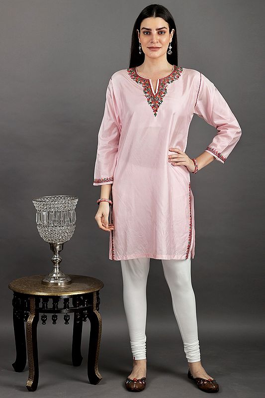 Tickled-Pink Silk Kurti from Kashmir with Aari Embroidery by Hand