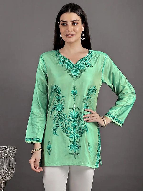 SALALAH Design | Kurti Kashmiri Aari Embroidery Short Kurti | Women Short  Kurti | Color : White
