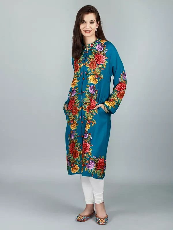 Enamel-Blue Pure-Wool Long Jacket From Kashmir With Giant Aari-Embroidered Flowers