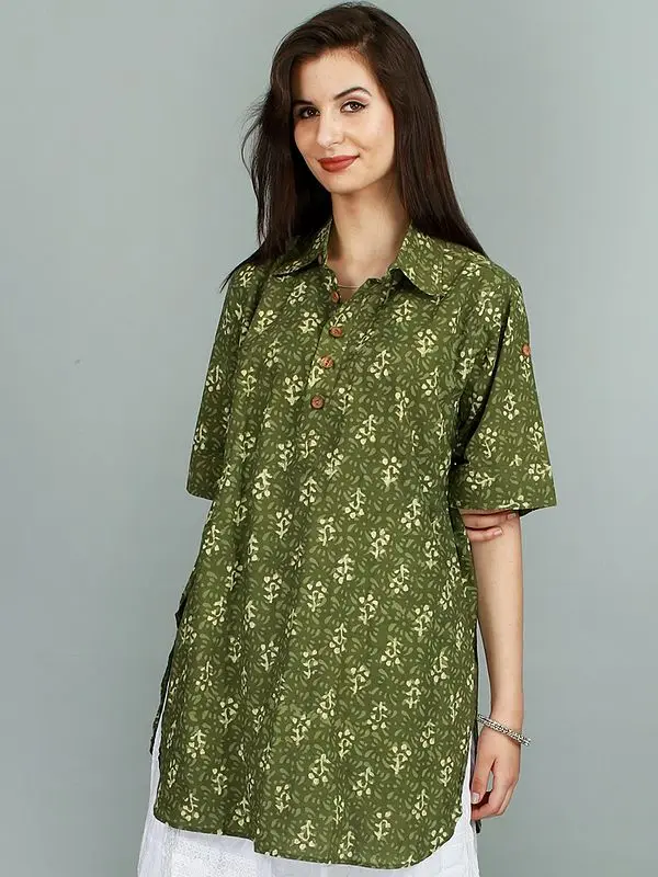 Capulet-Olive Kurti from Pilkhuwa with Batik-Printed Bootis