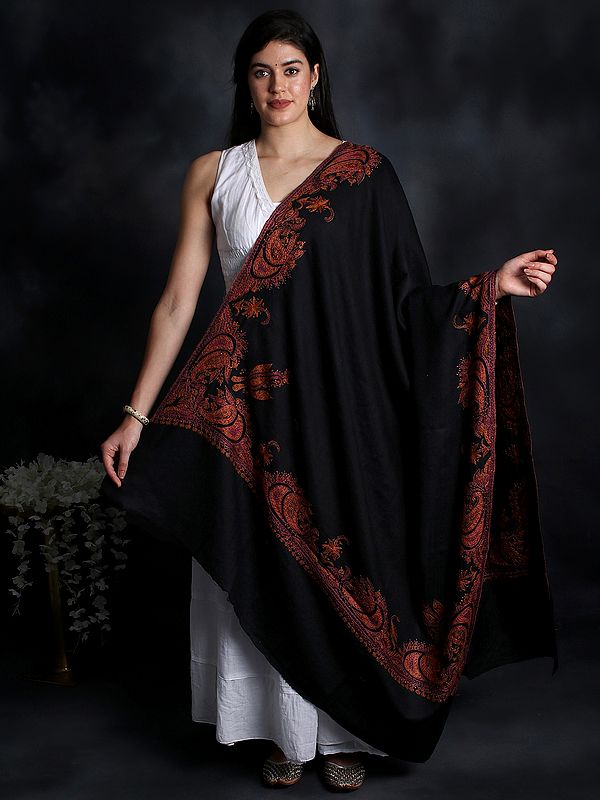 Pure Wool Kashmiri Shawl with Sozni Hand-Embroidered Overall Floral Pattern And Paisley Motif