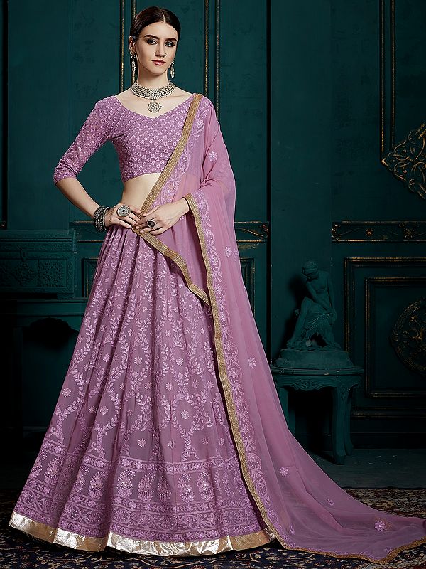 Lavender Georgette Lehenga Choli with over Thread Embroidery and Designer Dupatta