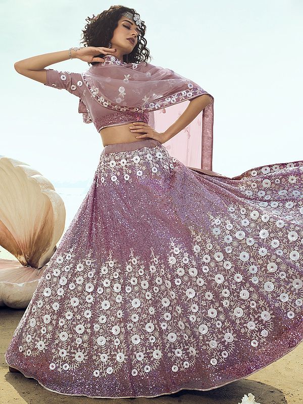 Lilac Soft Net Designer Lehenga Choli with White Sequins Floral Bail Work
