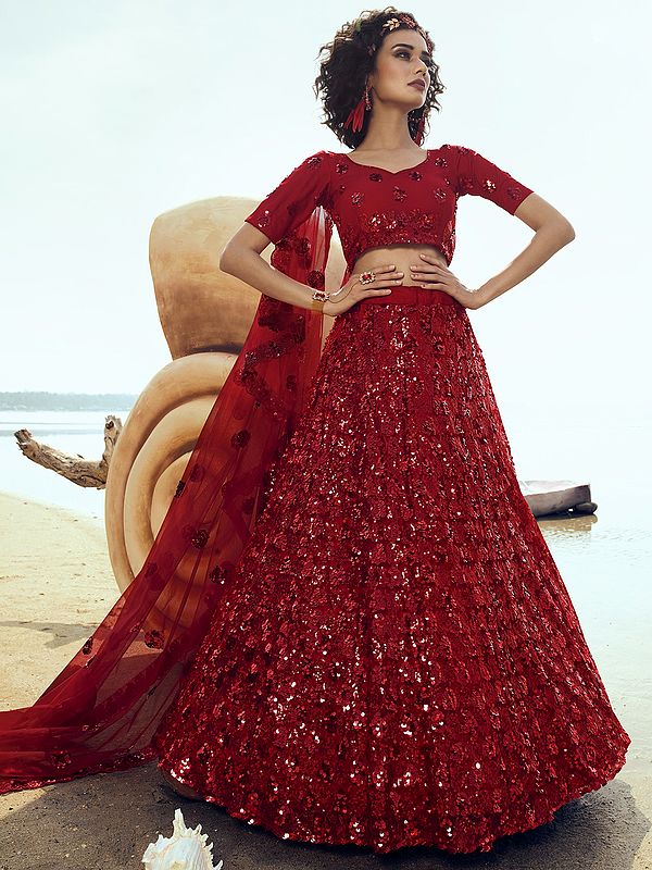 Red Soft Net Lehenga Choli with Heavy Sequins Embroidery and Chakra Motif Dupatta