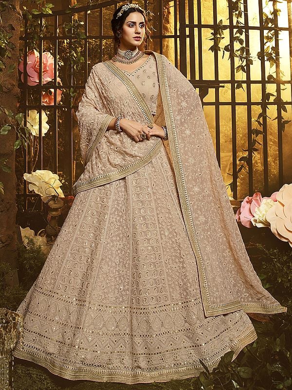 Light Brown Georgette Lehenga Choli Set- with Thread Embroidered and Sequins Work