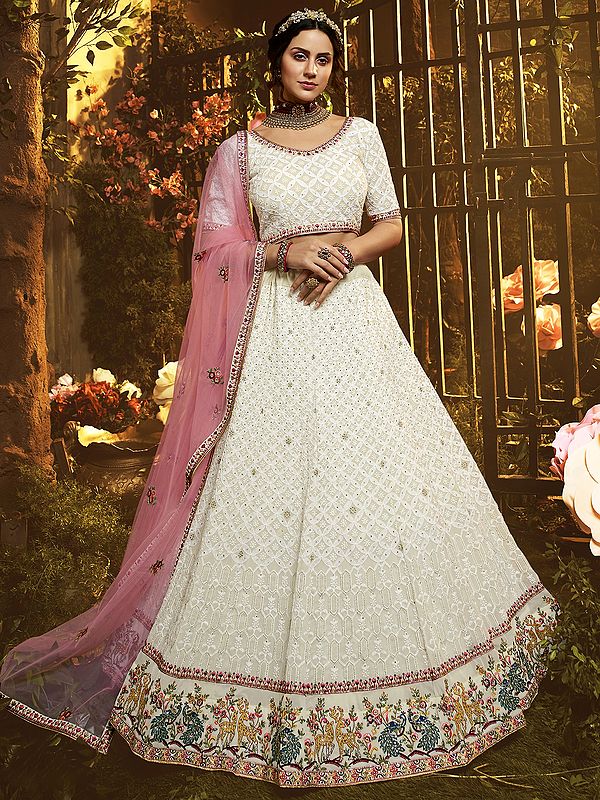 White And Pink Georgette Lehenga Choli With All Over Beads Work And Embroidered Dupatta