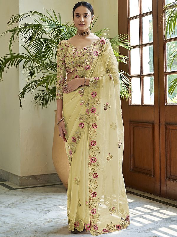 Organza Rose Bail Pattern Saree with Dori, Sequins, Cut Work Border