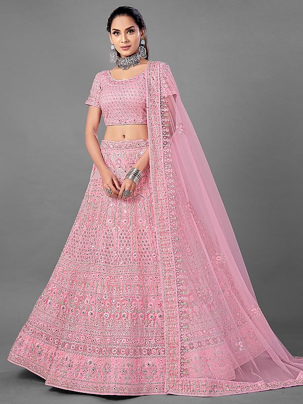 Pink Soft Net Floral Mughal Pattern Lehenga Choli with Dori, Thread, Zarkan Work