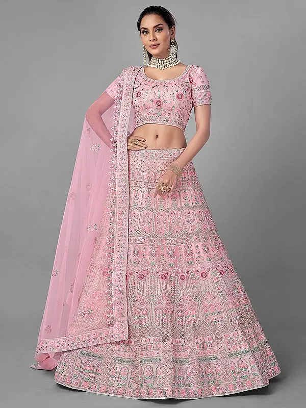 Pink Soft Net Lehenga Choli With Dori, Zarkan, Thread Work And Mughal Design Pattern