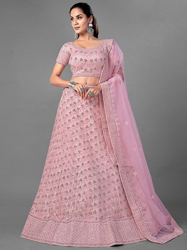 Pink Soft Net Lehenga Choli with All-Over Dori-Zarkan Work and Floral Bail Buti Motif