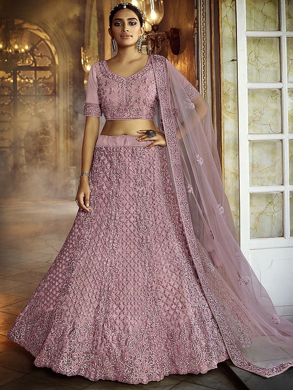 Lily-Pink Soft Net Lehenga Choli with All Over Cut Dana Work and Designer Dupatta