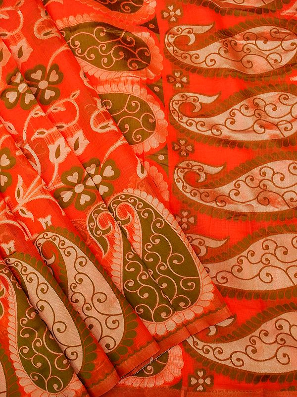Cotton Silk Banarasi Saree With Contrast Zari Kalka-Meena Butta Pattern And Bail Motif