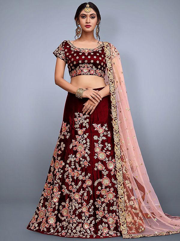 Velvet Silk Designer Lehenga Choli with All Over Pink Flower Embroidery and Sheer Dupatta