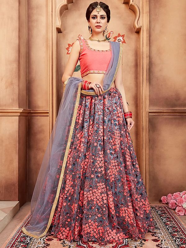 Crepe Lehenga Choli with Embellished Thread Work on Bottom and Designer Dupatta