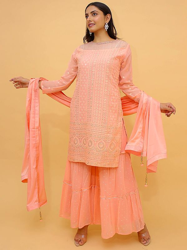 Coral Georgette Palazzo Pant Salwar Kameez Suit With All Over Chickenkari Embroidered and Sequins Work