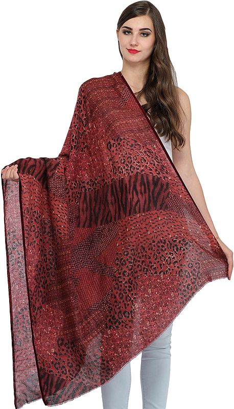 Fired-Brick Pure Wool Shawl with Leopard-Tiger and Abstract Digital Print Placement