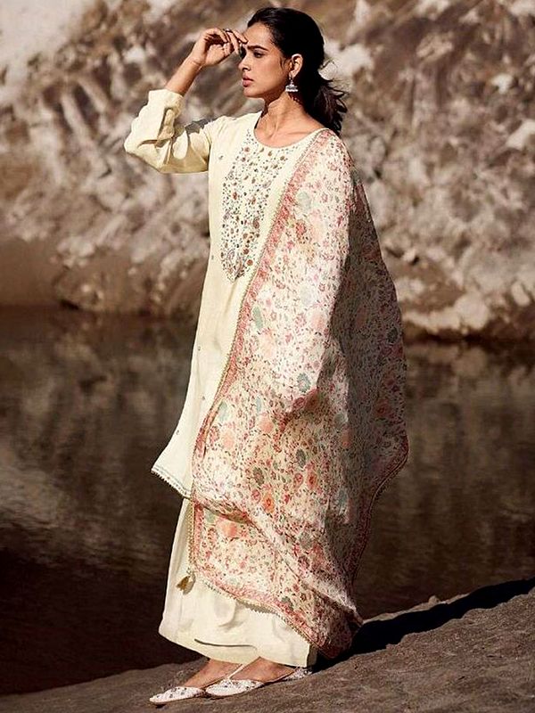Cotton Silk Floral-Paisley Motif Salwar Kameez With Resham Embroidery On Neck Placket And Digital Printed Dupatta