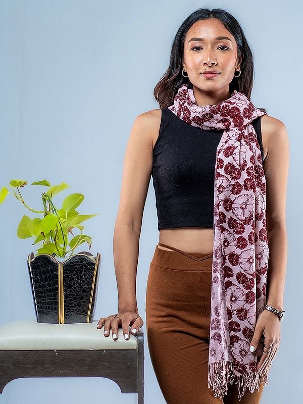 Multicolor Anemone Floral Print Pure Pashmina Stole From Nepal With Single String Tassels