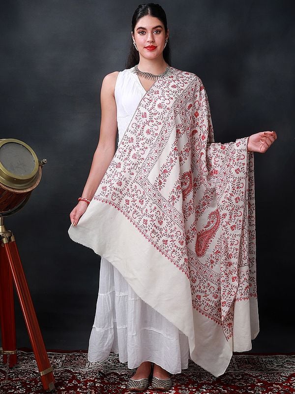 Vanilla-Cream Sozni Shawl With All-Over Hand-Embroidered Paisley-Floral Vine Pattern