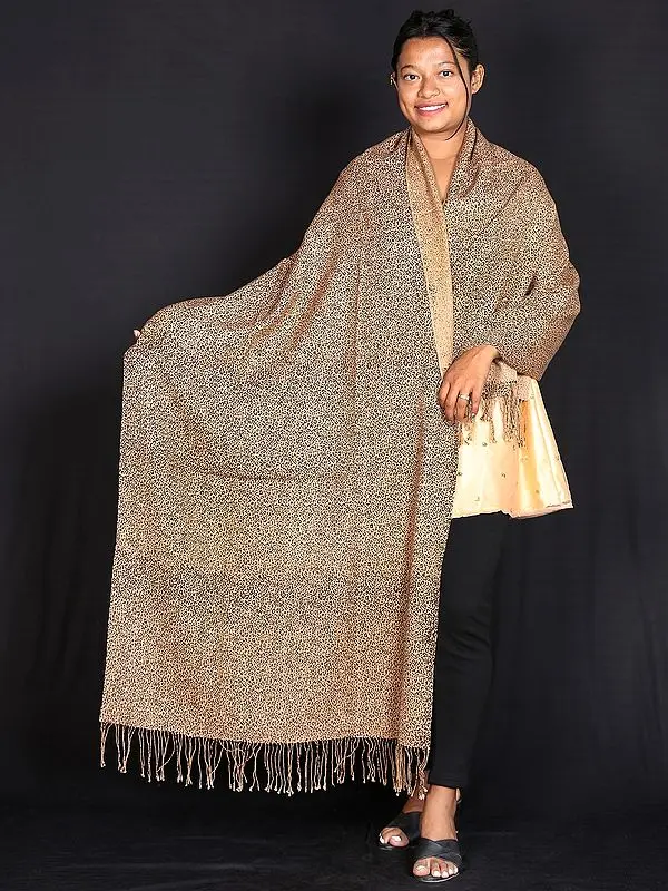 Pashmina Silk Leopard Motif Printed Shawl from Nepal with Single String Tassels
