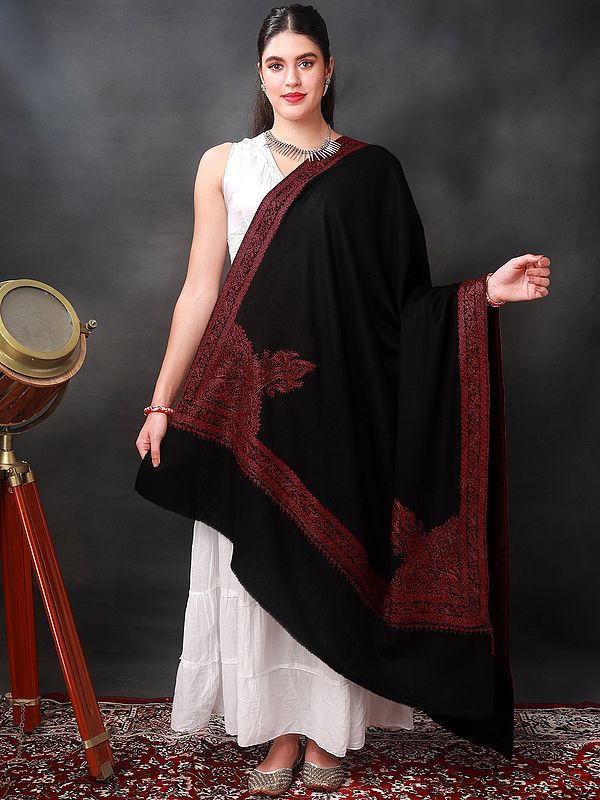 Moonless-Night Sozni Hand-Embroidered Shawl with Red Thread Floral-Paisley Motif Border