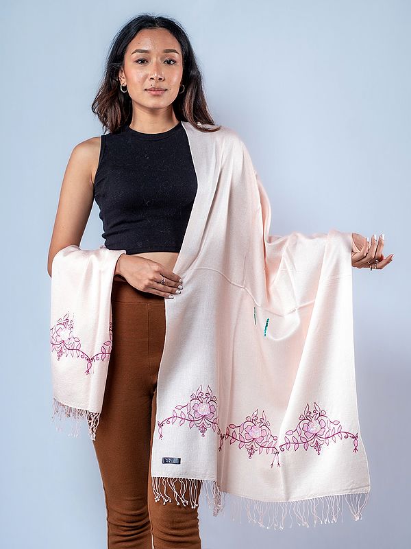Pashmina Silk Stole with Floral Embroidery on Border from Nepal with Fringe